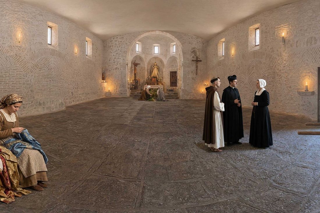 Interior encalado de la Ermita de la Virgen de la Yedra en el siglo XVII, con vecinos cosiendo y trabajando
