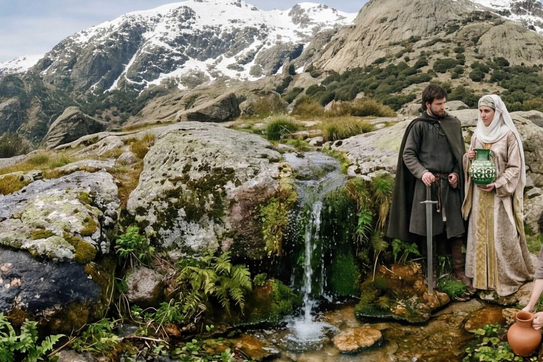 Una fuente en la sierra de La Adrada, con figuras de distintas épocas recogiendo agua y el castillo al fondo