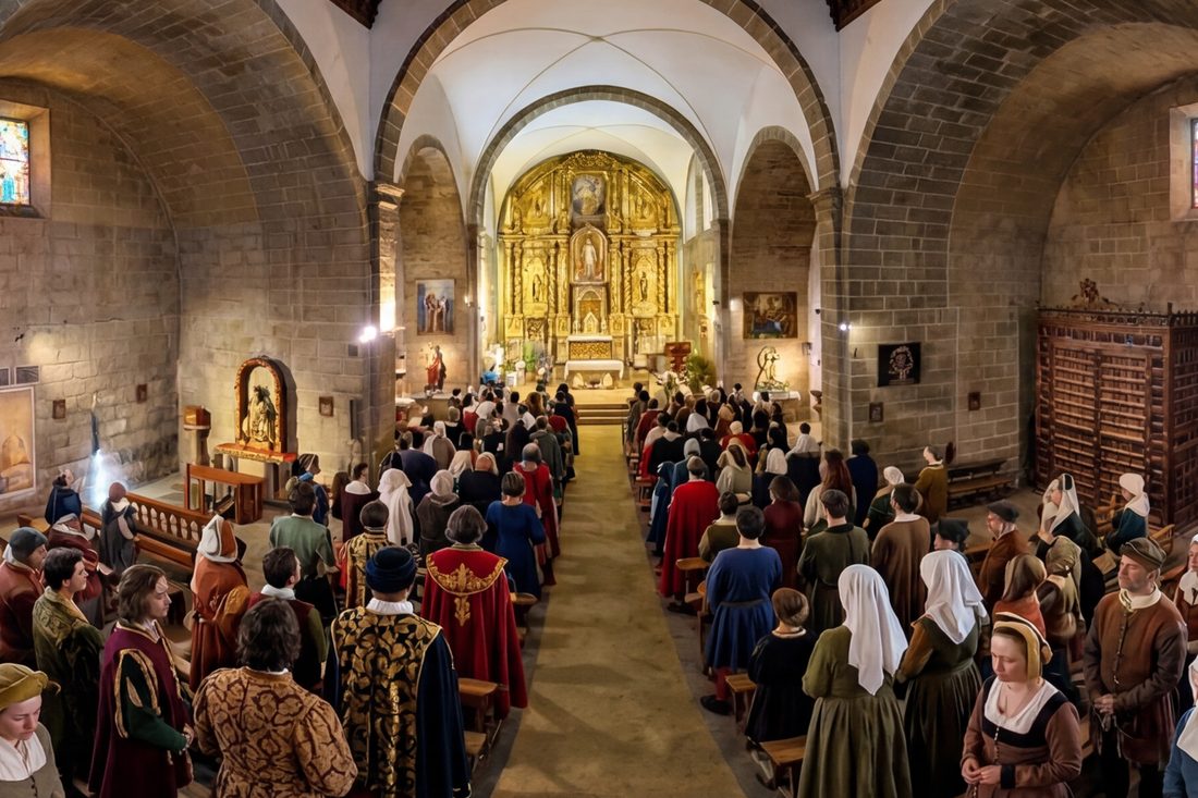 Interior de la Iglesia de El Salvador recreado, con la comunidad en misa y el retablo dorado al fondo