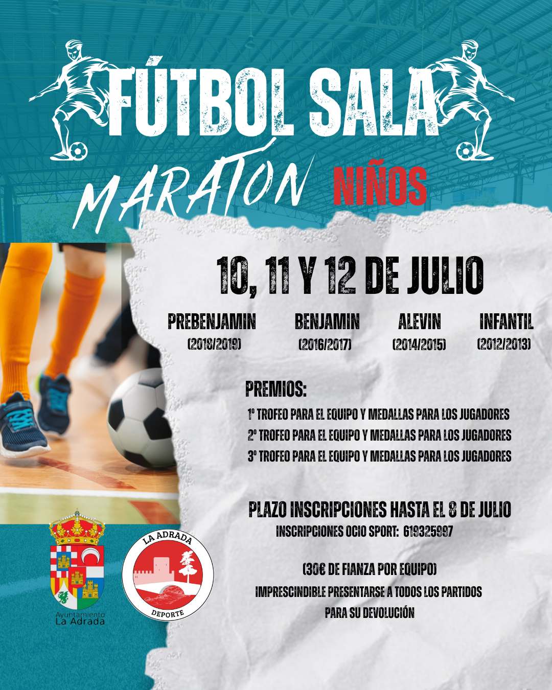 Cartel del Maraton Infantil de Futbol Sala de La Adrada, 10, 11 y 12 de julio de 2026, categorias Prebenjamin, Benjamin, Alevin e Infantil