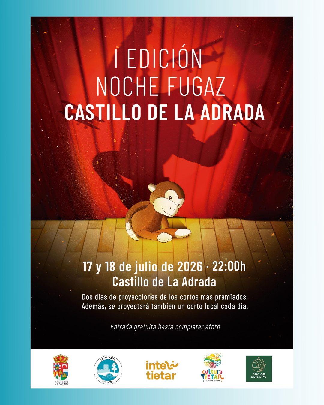 Cartel de la I Edicion de Noche Fugaz, proyeccion de cortometrajes premiados, 17 y 18 de julio de 2026 a las 22:00 en el Castillo de La Adrada