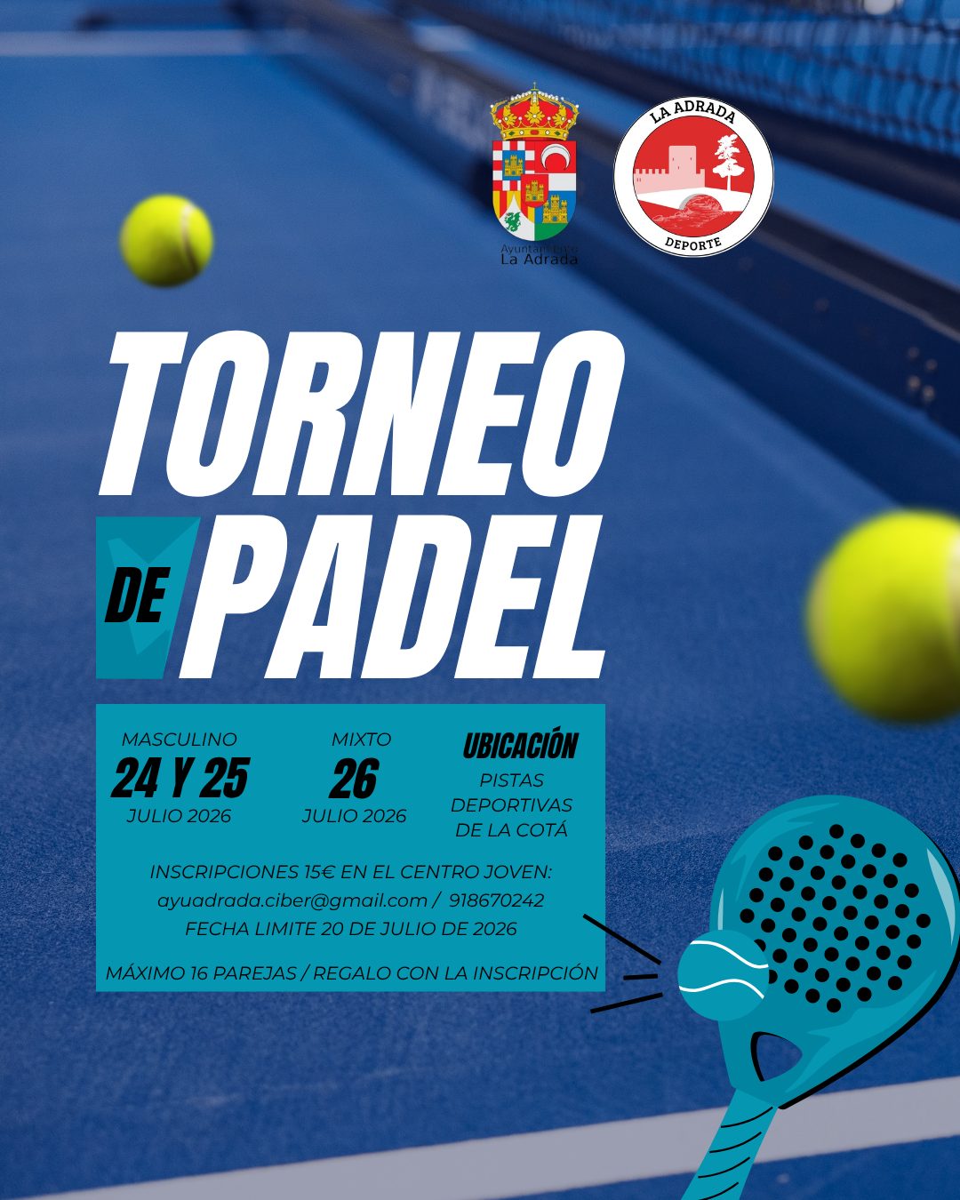 Cartel del Torneo de Padel de La Adrada 2026, del 24 al 26 de julio en las Pistas Deportivas de La Cota