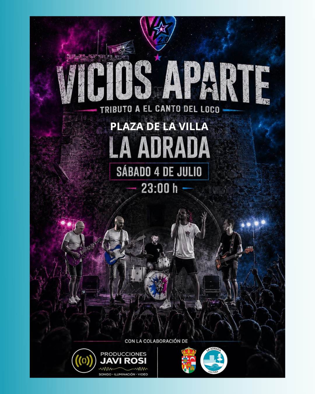Cartel del concierto de Vicios Aparte, tributo a El Canto del Loco, sabado 4 de julio de 2026 a las 23:00 en la Plaza de la Villa de La Adrada