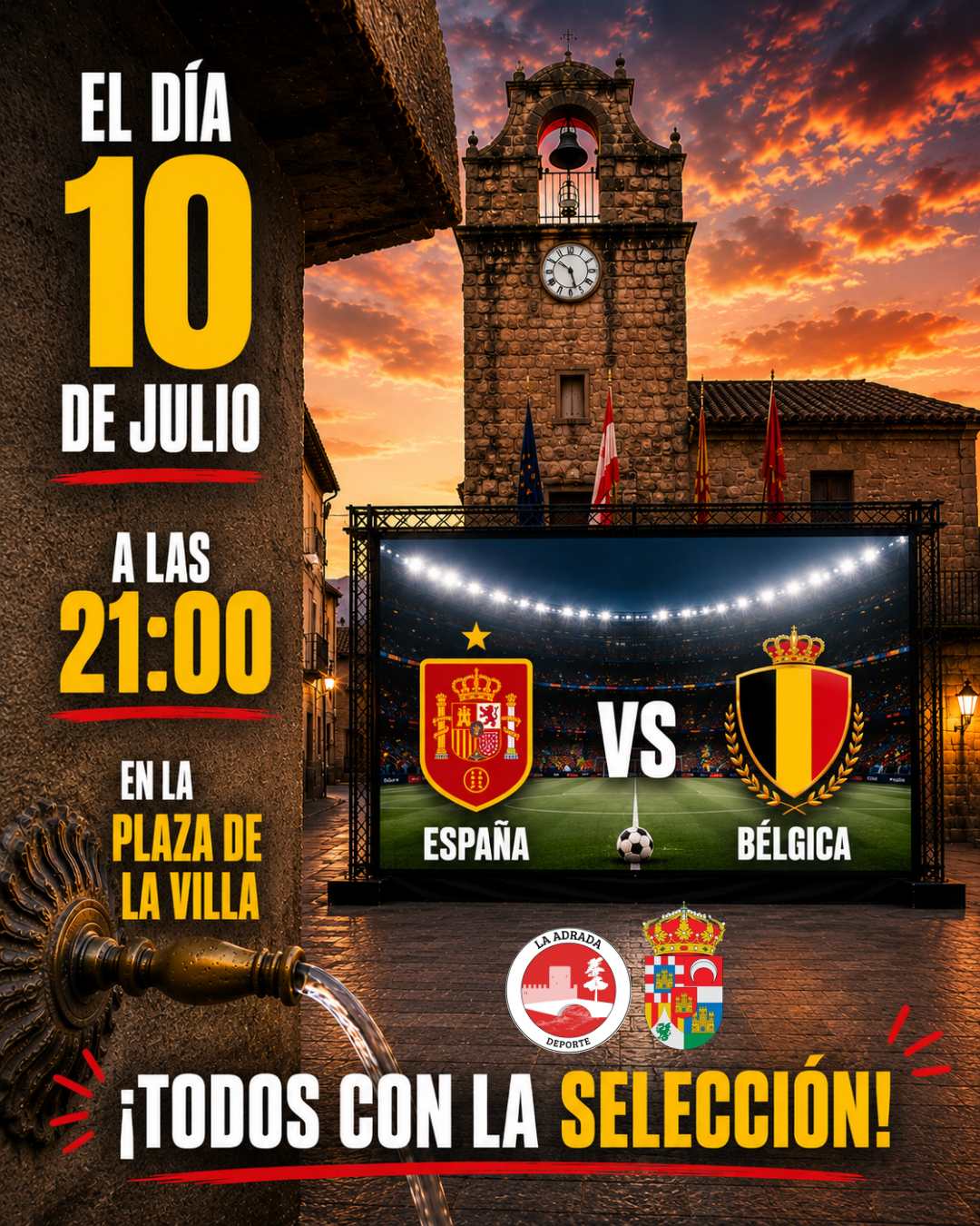 Cartel del partido España - Bélgica en pantalla gigante en la Plaza de la Villa de La Adrada, 10 de julio de 2026 a las 21:00