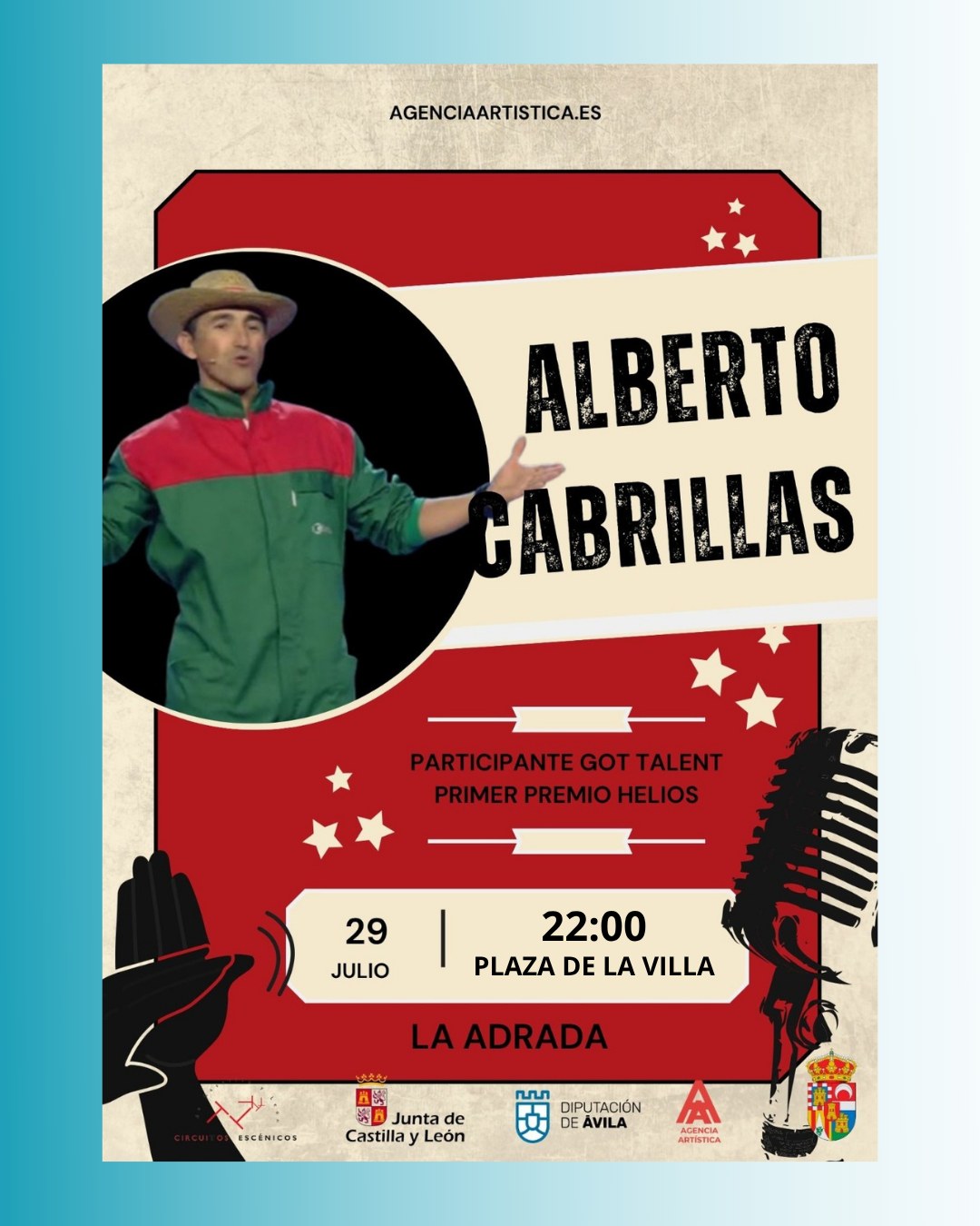 Cartel del monólogo de Alberto Cabrillas en la Plaza de la Villa de La Adrada, 29 de julio de 2026 a las 22:00