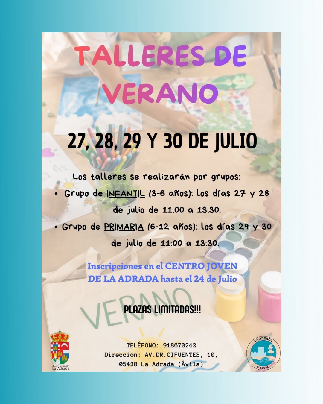 Cartel de los Talleres de Verano del Centro Joven de La Adrada, del 27 al 30 de julio de 2026