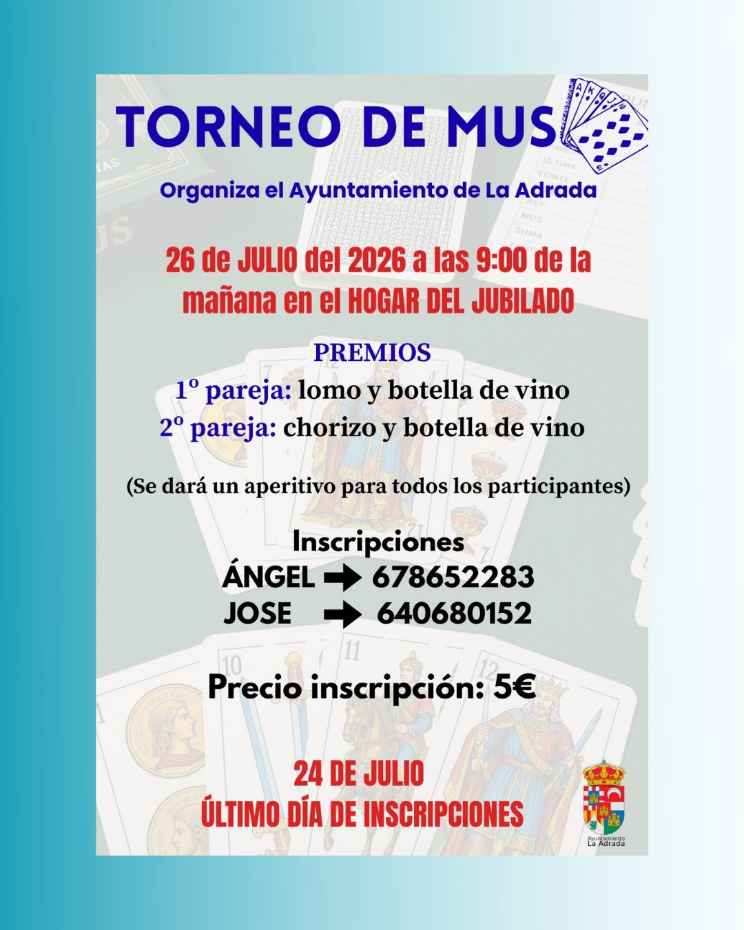 Cartel del Torneo de Mus de La Adrada, 26 de julio de 2026 a las 9:00 en el Hogar del Jubilado