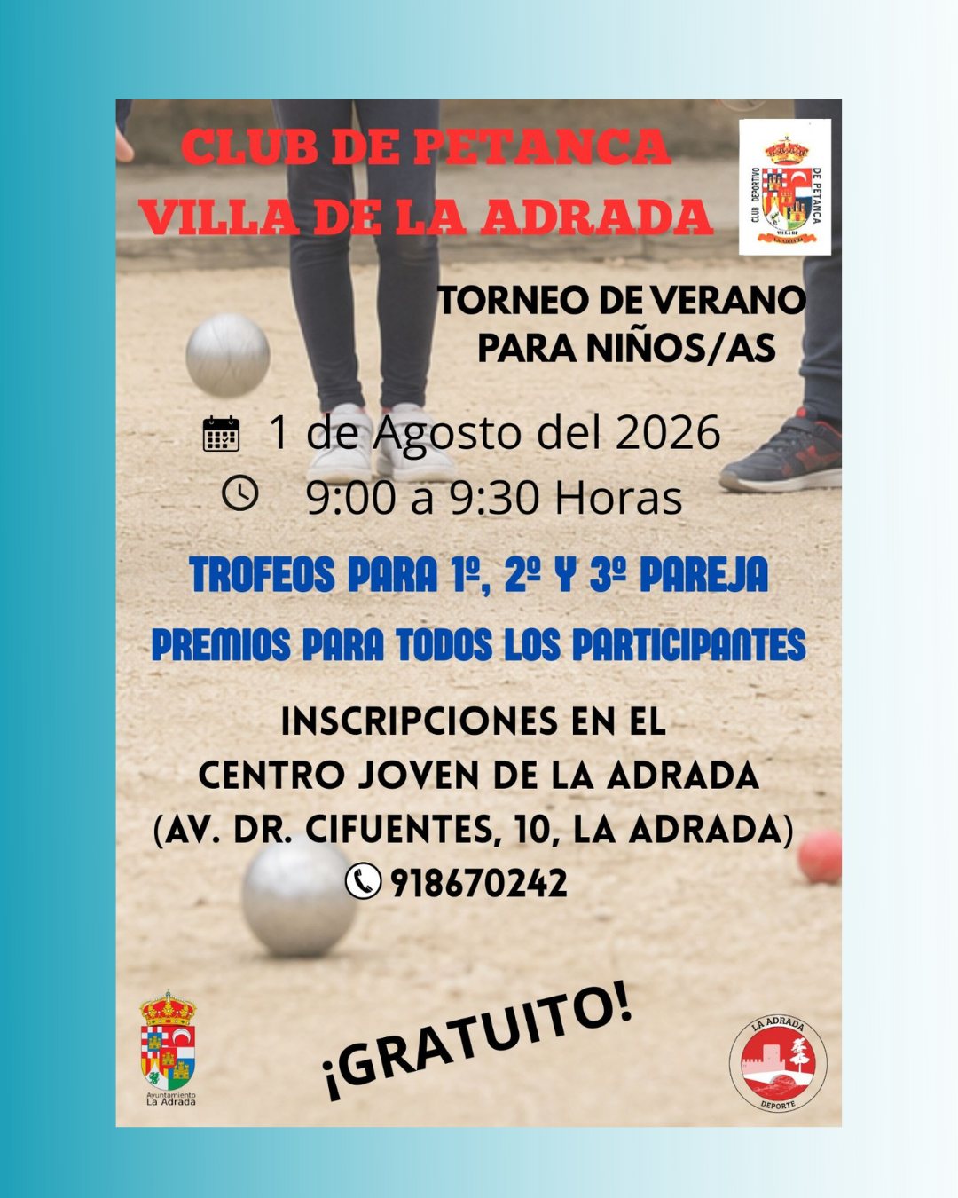 Cartel del Torneo de Verano Infantil de Petanca del Club de Petanca Villa de La Adrada, 1 de agosto de 2026
