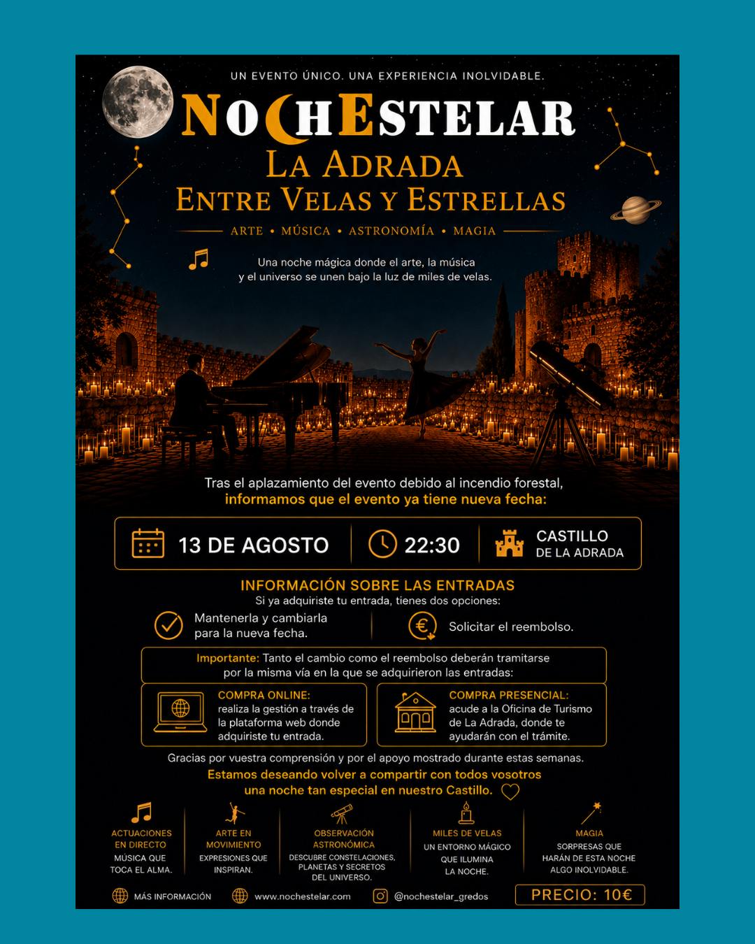 Cartel de Noche Estelar La Adrada «Entre Velas y Estrellas», nueva fecha 13 de agosto de 2026 a las 22:30 en el Castillo de La Adrada