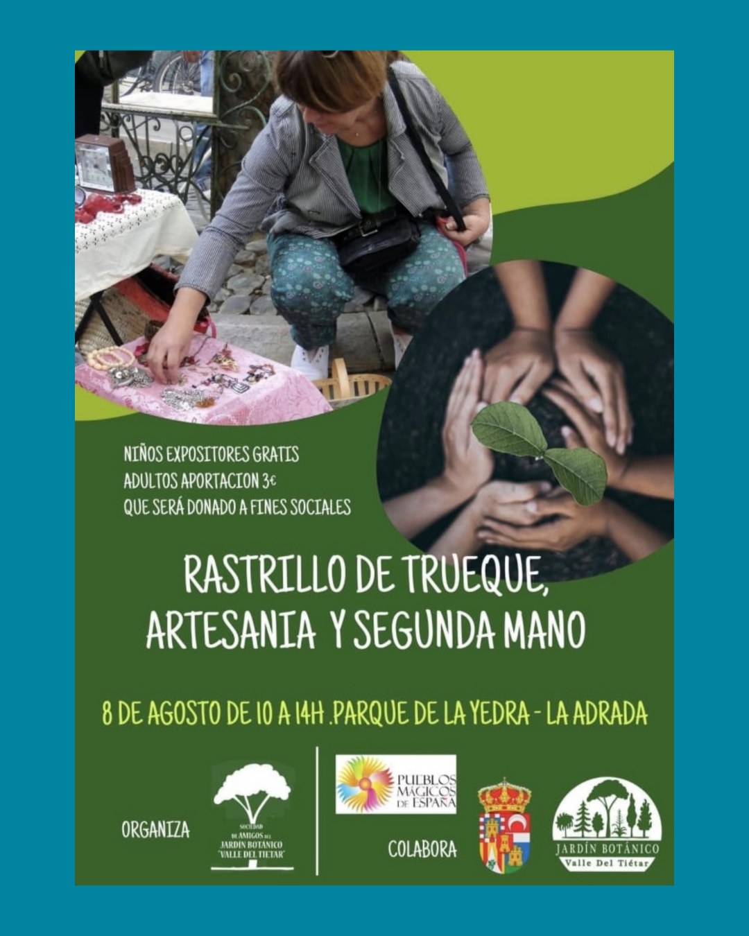 Cartel del Rastrillo de Trueque, Artesanía y Segunda Mano, 8 de agosto de 2026 de 10:00 a 14:00 en el Parque de La Yedra de La Adrada